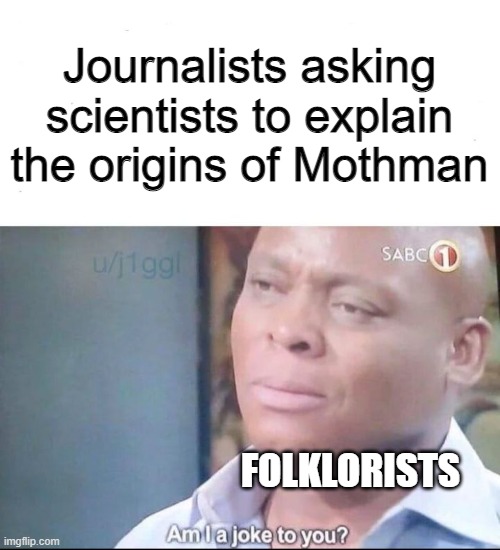 An image with black text on a white background at the top reading “Journalists asking scientists to explain the origins of Mothman.” The bottom image is of a man’s face with a serious expression (actor Rapulana Seiphemo). The man is labeled “folklorists” and the bottom text reads “am I a joke to you?”